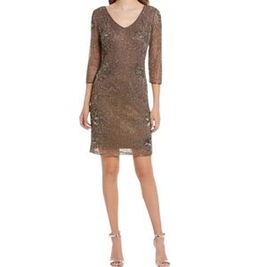 PISARRO NIGHTS Beaded V-neck Cocktail Dress in mocha